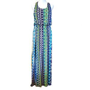 Renee C Jersey Maxi Dress Sz XL Ikat Aztec Boho Blouson Rayon Stretch Resort